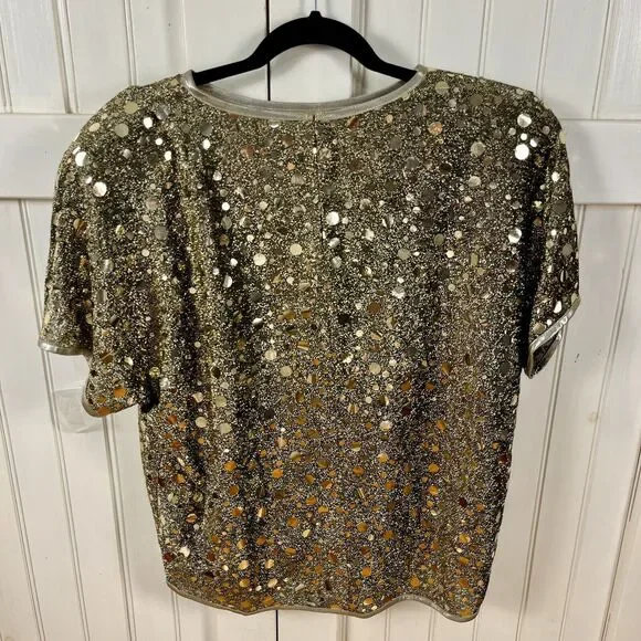 NOS Gold Sparkly Top Vtg Size 16 USA Glam Party Semi Sheer Caron Disco Rave New - Picture 9 of 17